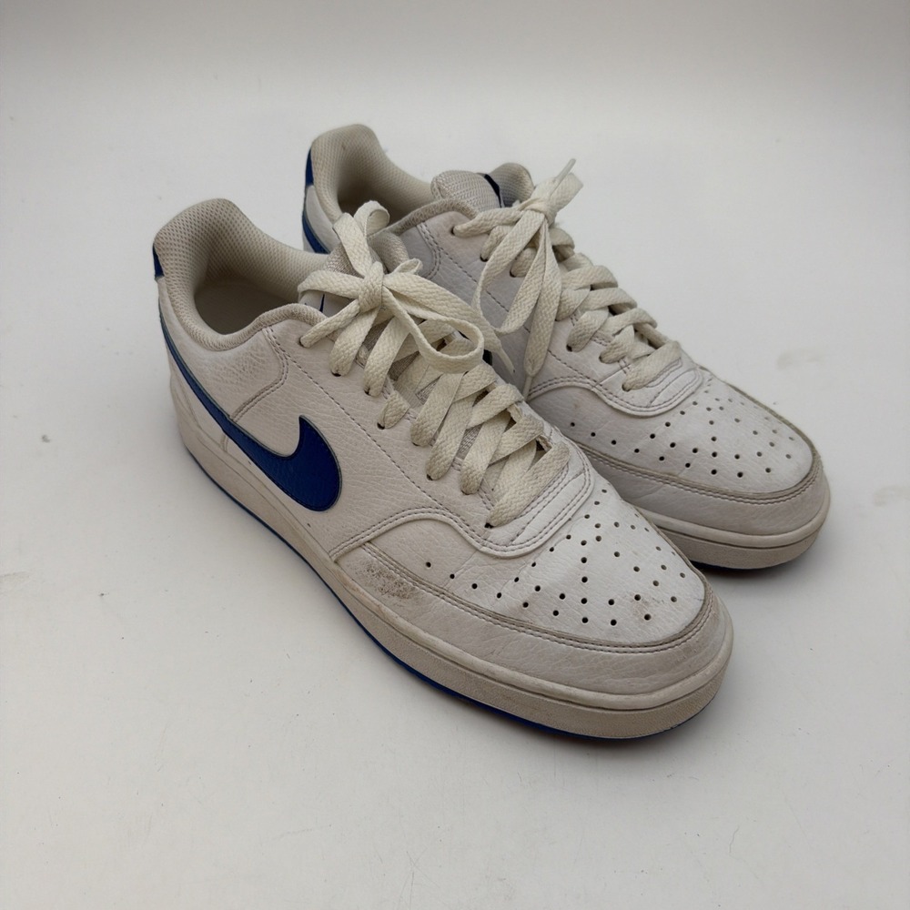 Nike White Blue Leather Low Top Men's Athletic Sneakers Lace Up Rubber Sole 8